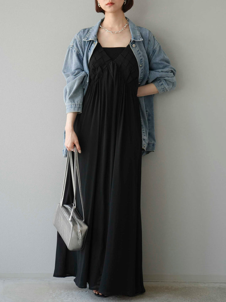 [予約]編み込みデザインシフォンワンピース/ブラック