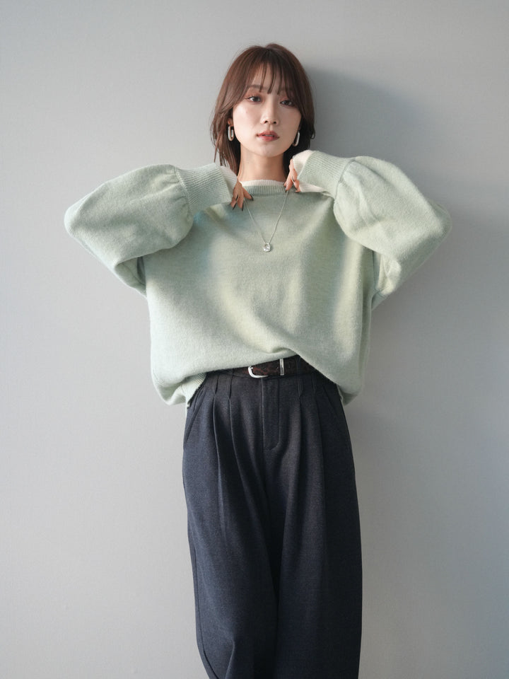 [予約]ヘンリーネック配色レイヤードニットプルオーバー/mint