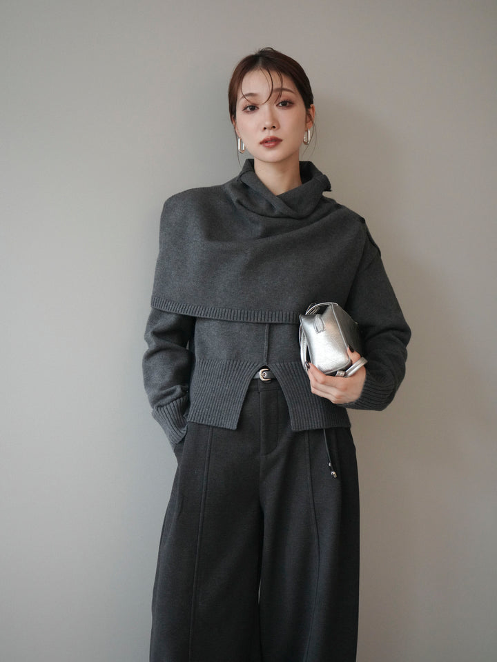 [予約]フロントスリットネックアンサンブルニット/charcoal