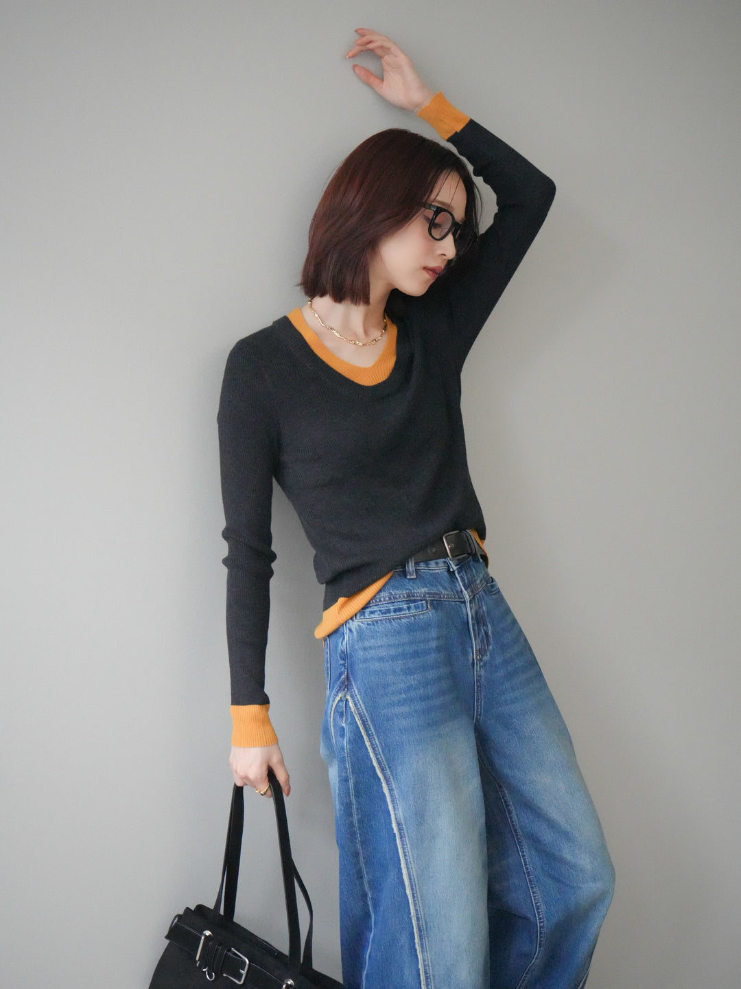 [SET]Uネック配色レイヤードリブニットトップス+サイドフリンジワイドデニムパンツ(2set)