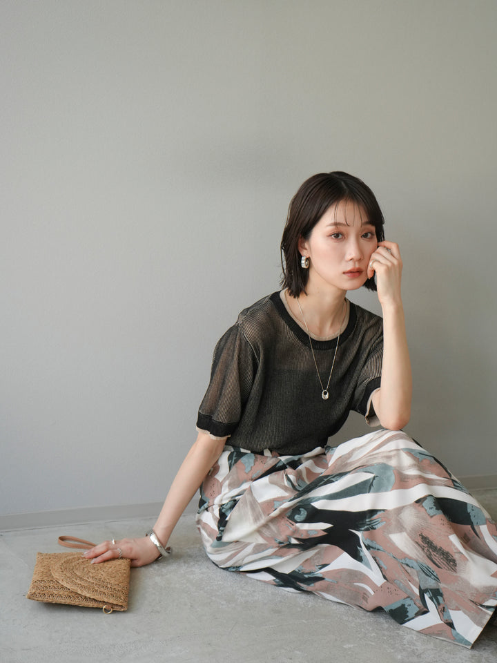 [SET]リネンタッチ配色二重臼ハーフニットトップス+選べるアソート柄スカートセット(2set)