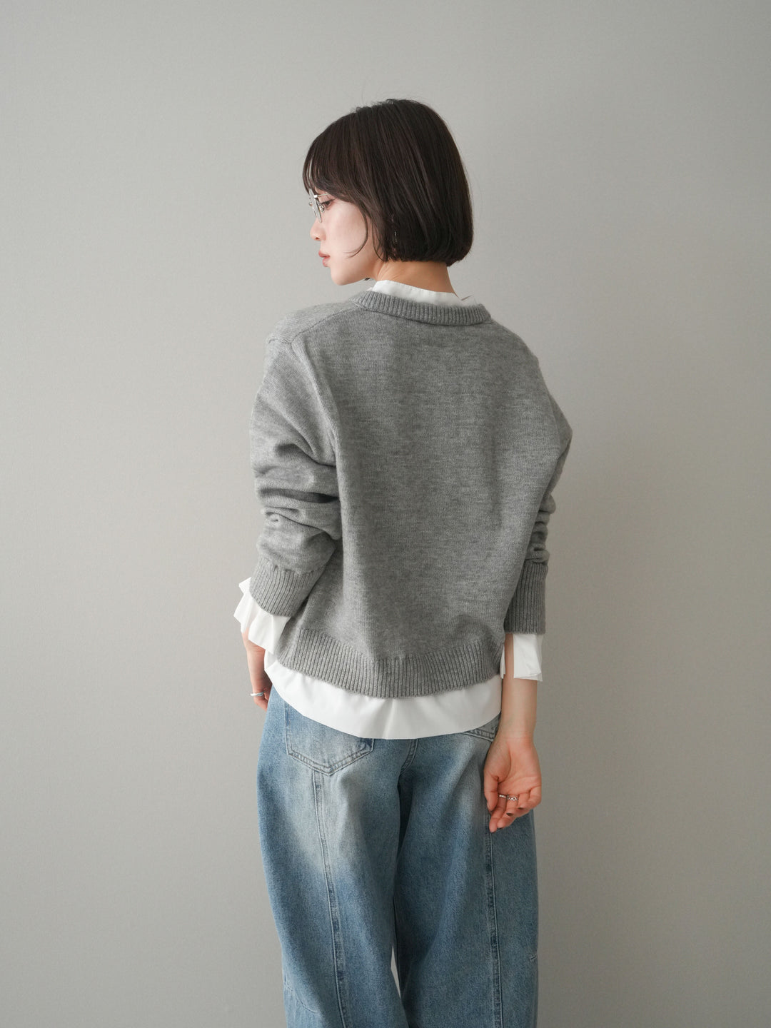 [SET]布帛ドッキングニットカーディガン+ガーメントウォッシュカーブデニムパンツ(2set)