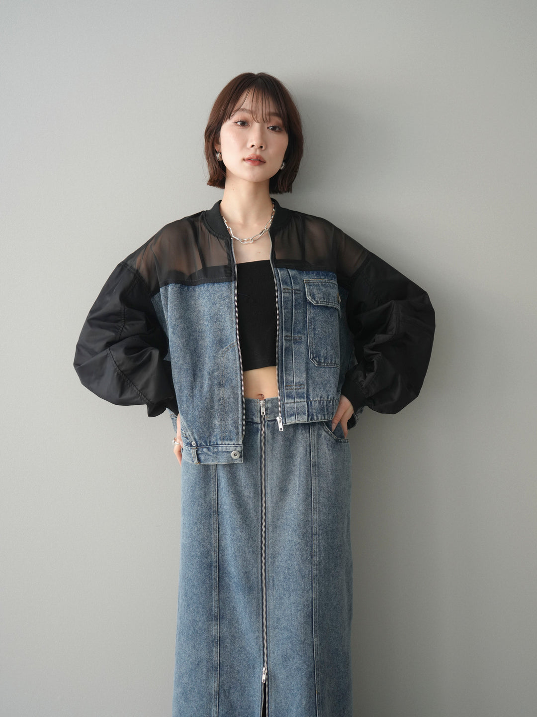 [SET]異素材デニムブルゾン+フロントジップデニムスカート(2set)
