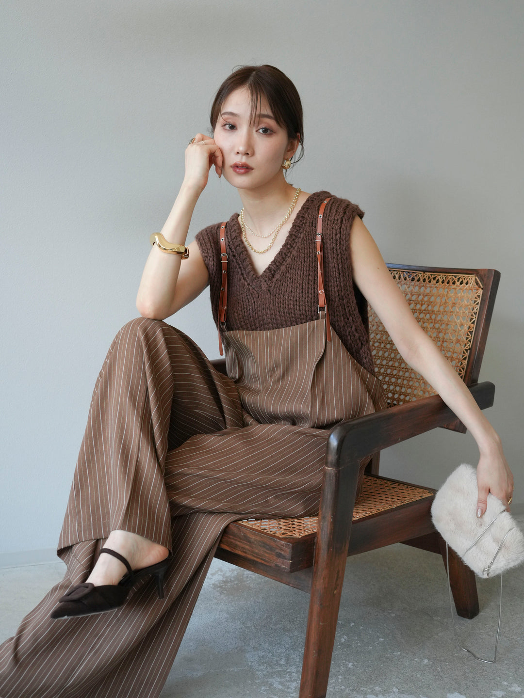 [予約]ヘリンボーンストライプサロペット/ブラウン