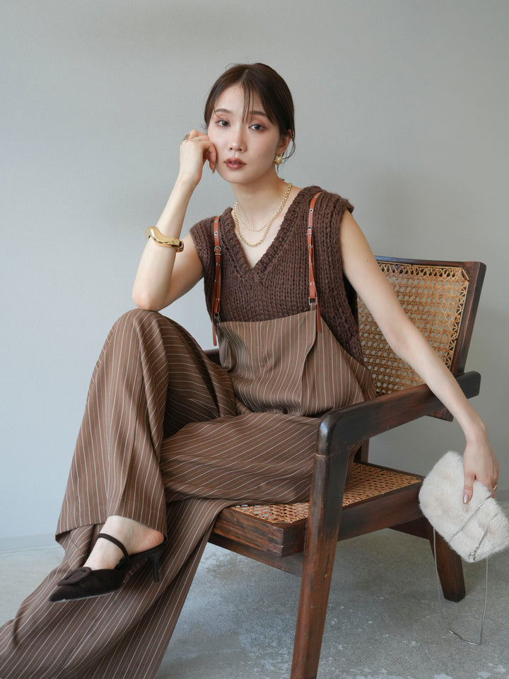 [予約]ヘリンボーンストライプサロペット/ブラウン