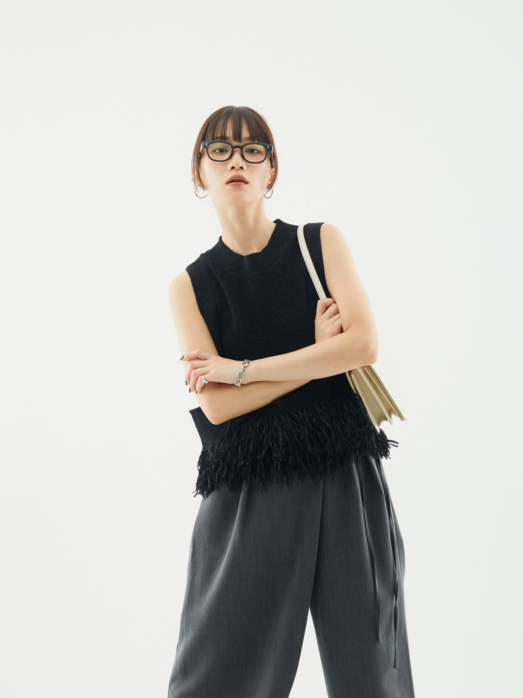 【Allure】[SET]フェザーヤーンニットベスト+ラップデザインタックワイドパンツ(2set)