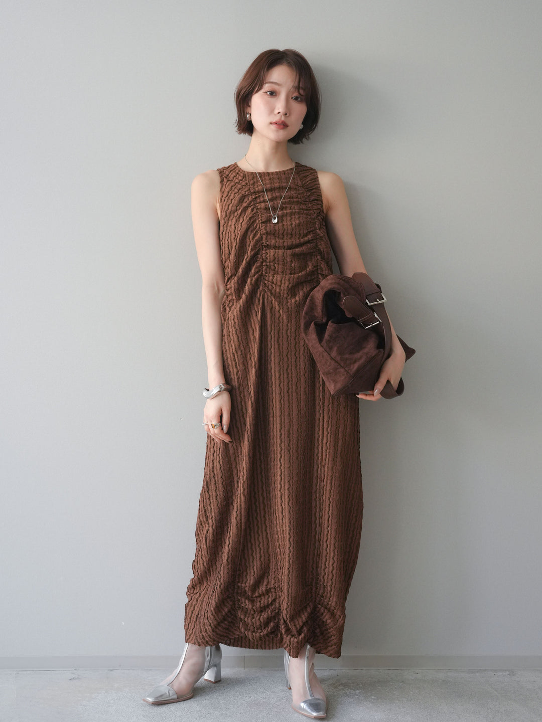 [予約]シャーリングジャガードノースリーブワンピース/brown