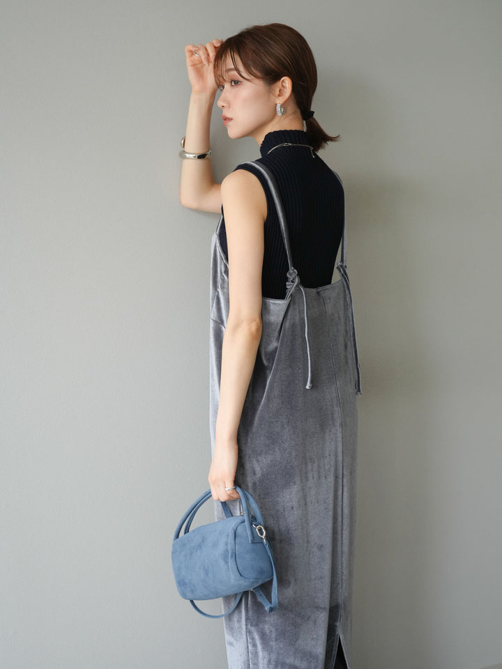 [予約]ボトルネックワッフル編みノースリーブニットトップス/ネイビー