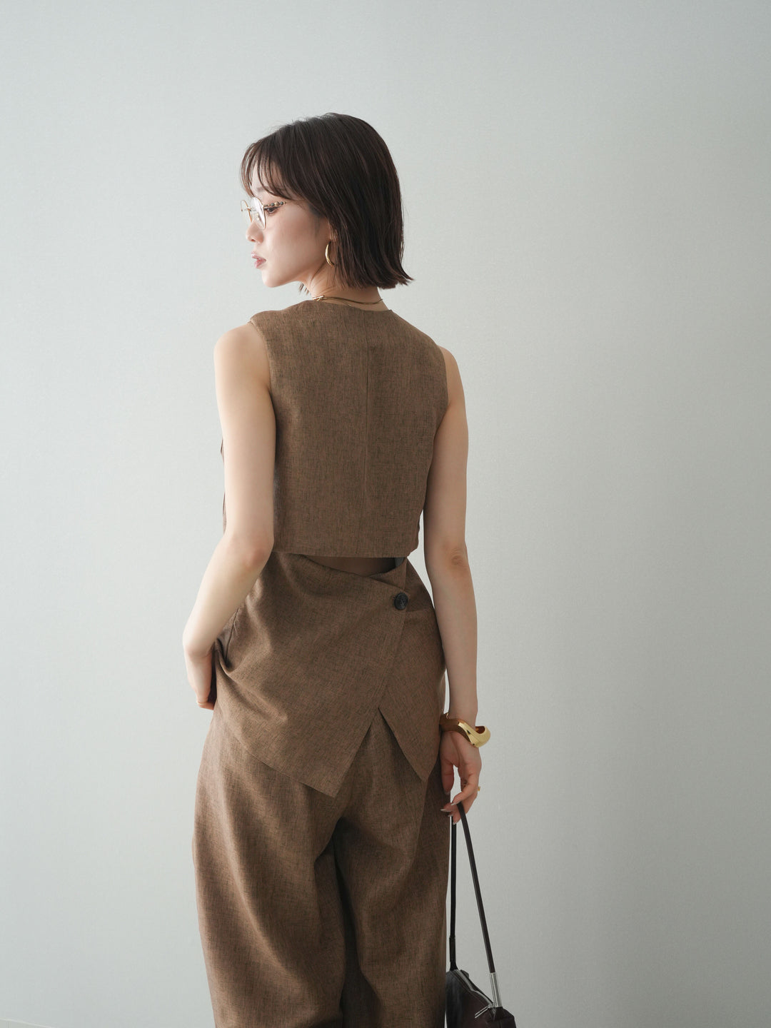 [SET]リネンライクバックオープンジレ+リネンライクタックワイドパンツ(2set)