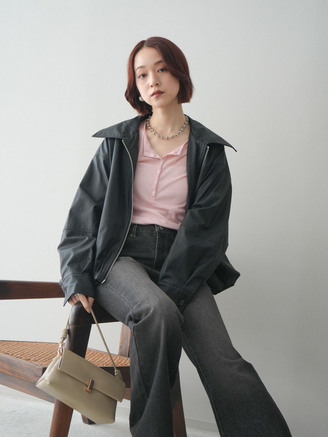 [予約]ウォッシャブルフェイクレザーバルーンジャケット/black