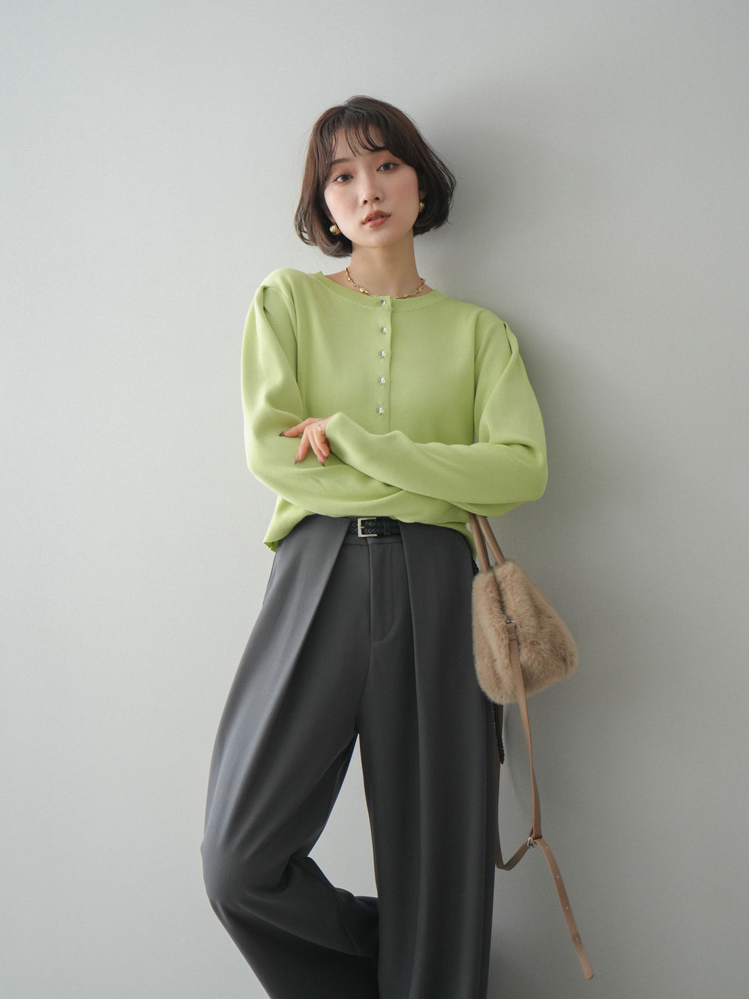 [予約]クリアボタンタックニットカーディガン/lime
