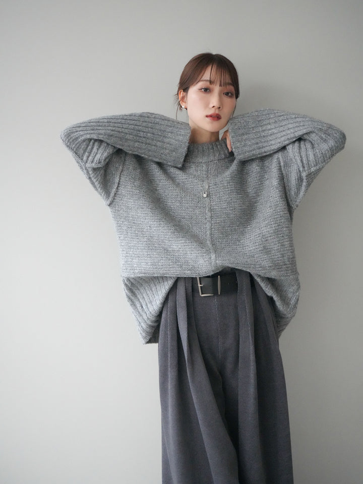 [SET]編み地切替ボトルネックニットプルオーバー+ベルトデザインループコールテンワイドパンツ(ベルト付き)(2set)