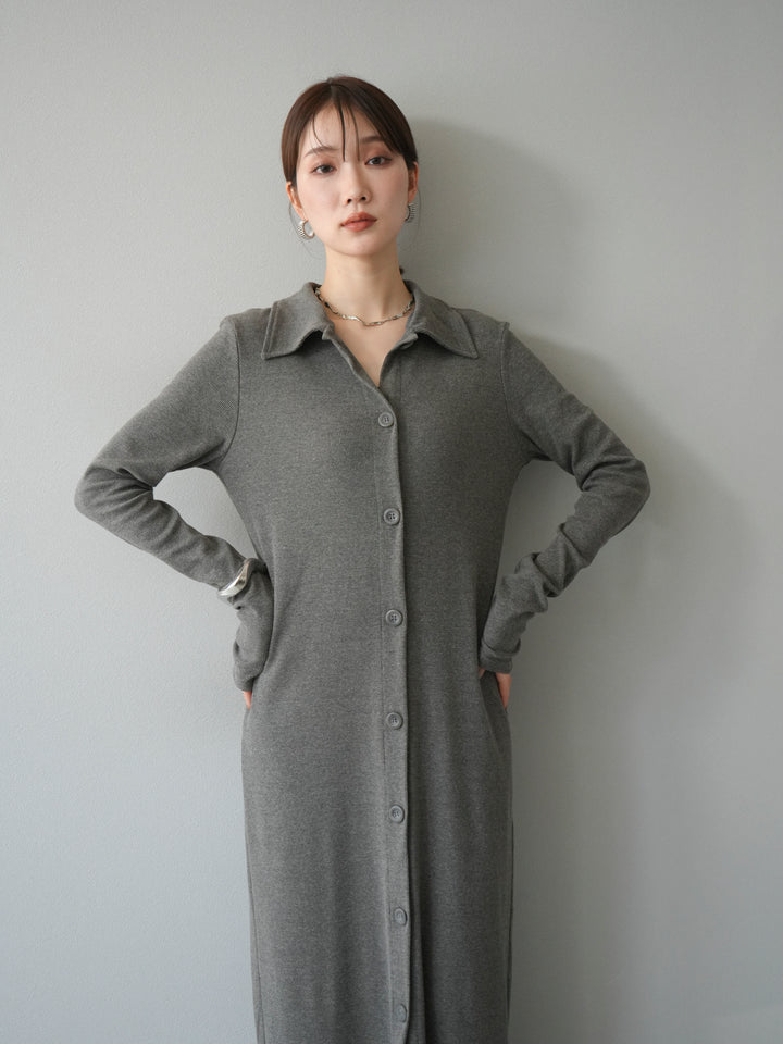 [予約]襟付きカットリブボタンワンピース/チャコール