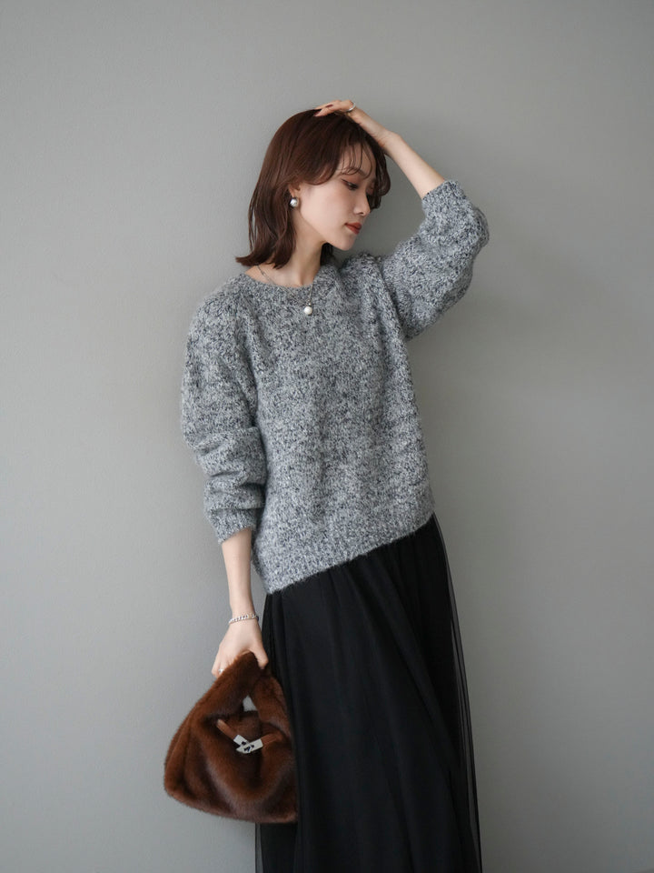 [SET]ロゴラベルミックスヤーンニットプルオーバー+チュールボリュームスカート(2set)