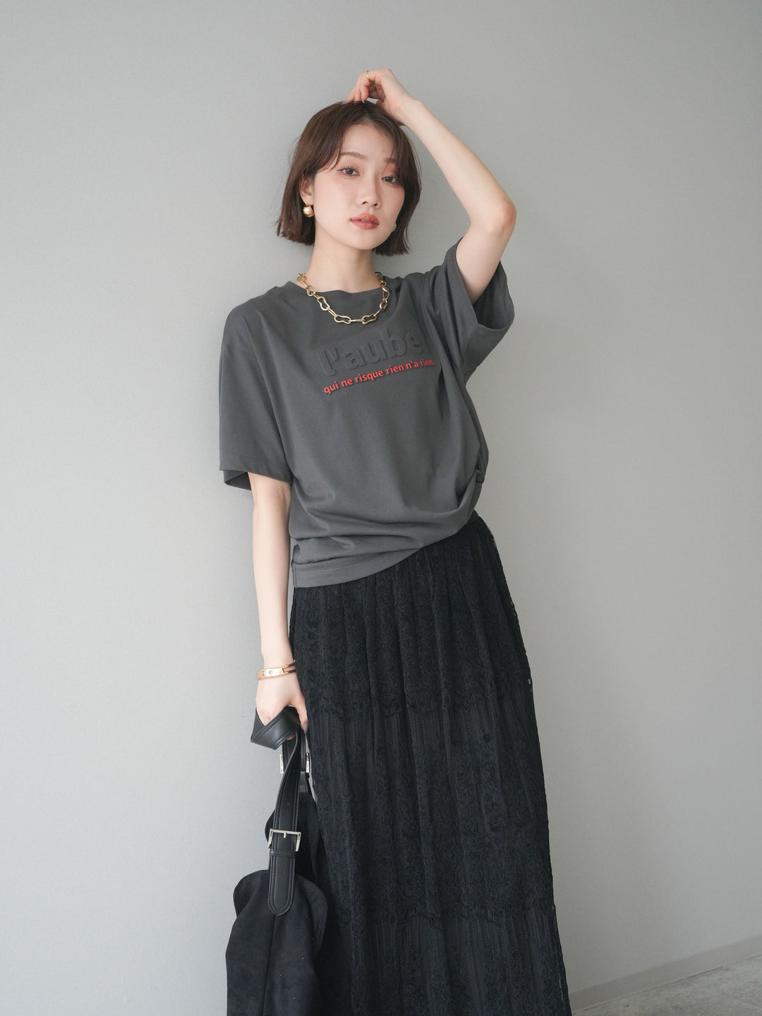 [SET]エンボスロゴTEE+裏プリーツ総レースロングスカート(2set)