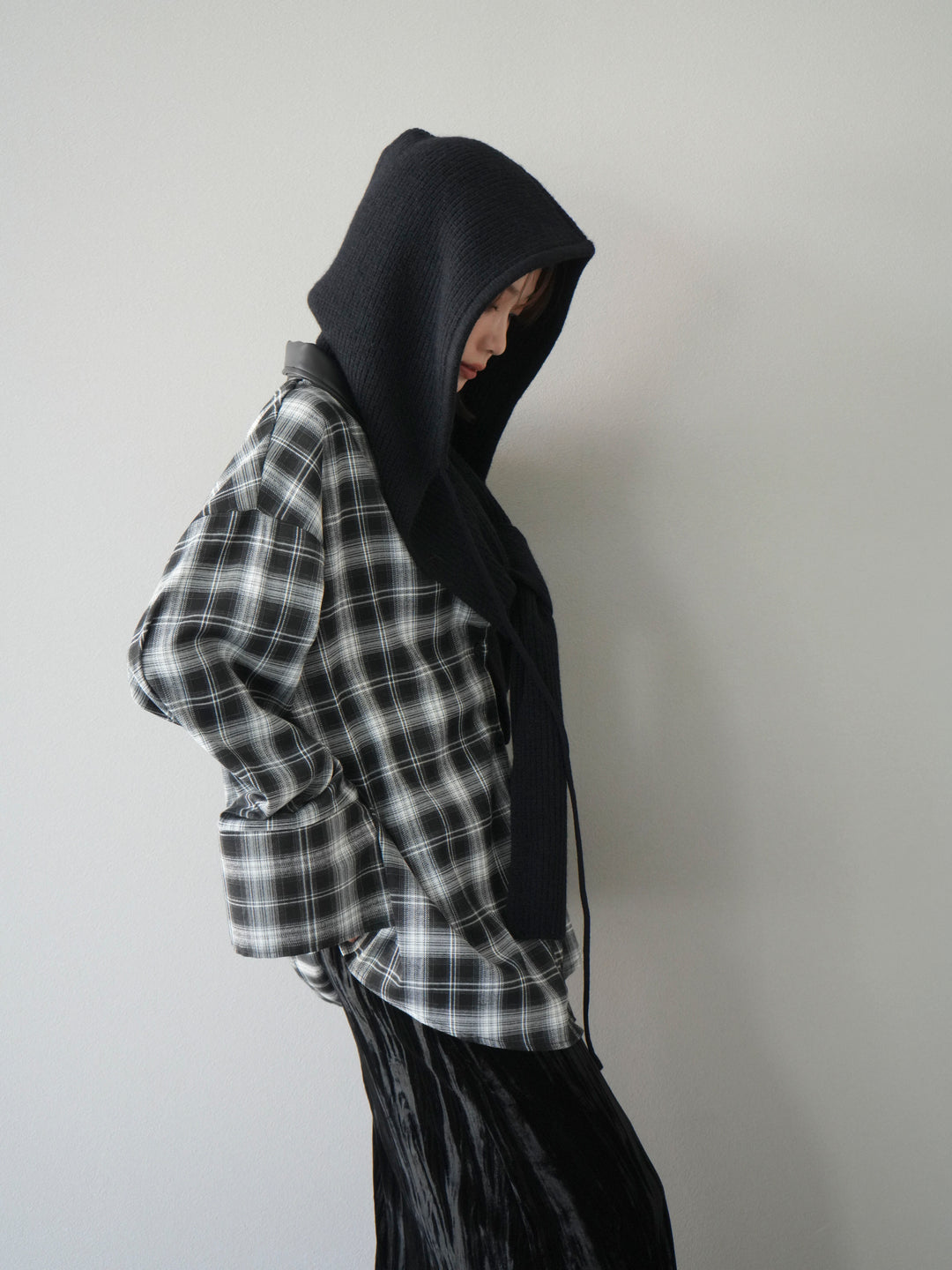[予約]レザー襟オンブレチェックオーバーシャツ /ブラック