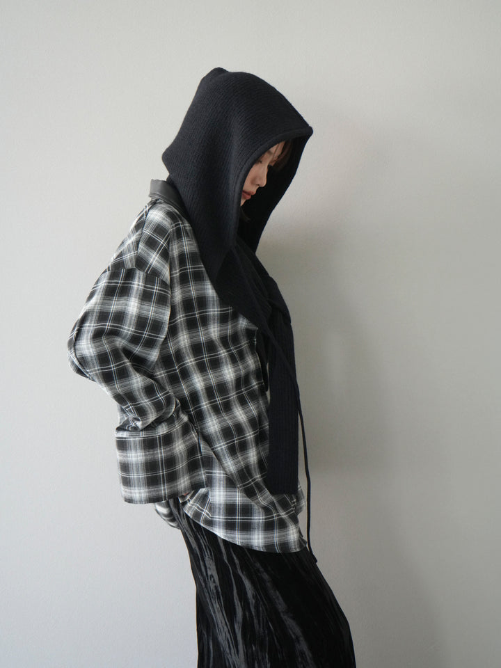 [予約]レザー襟オンブレチェックオーバーシャツ /ブラック