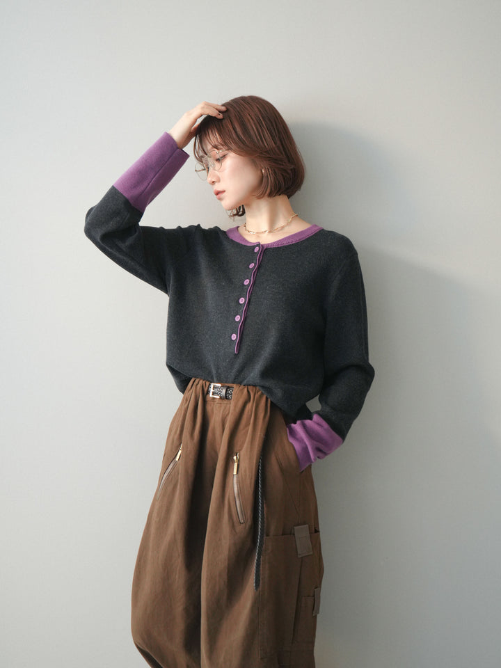 [SET]ヘンリーネック配色ニットソー+コットンタックループパンツ(2set)