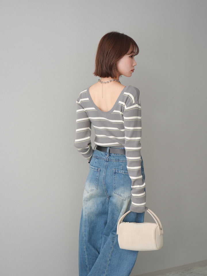 [予約]バックオープンテレコリブマルチボーダートップス/gray