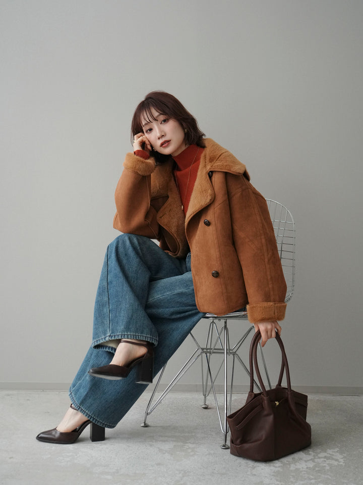 [SET]ムートンショートジャケット+ベルト付裏起毛カーブデニムパンツ(2set)