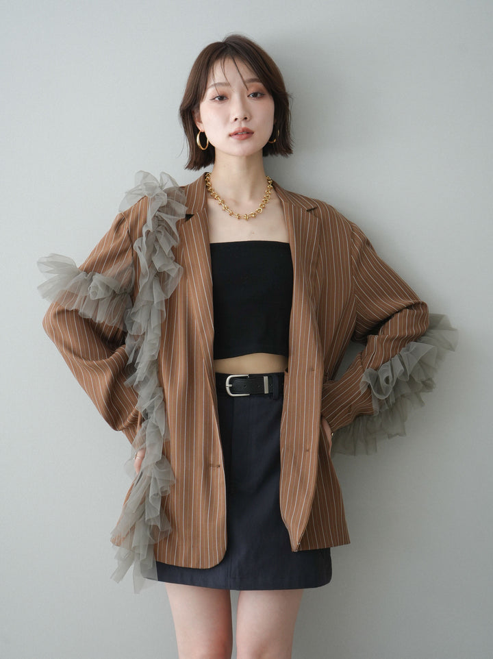 [予約]アシンメトリーチュールストライプジャケット/goldbrown