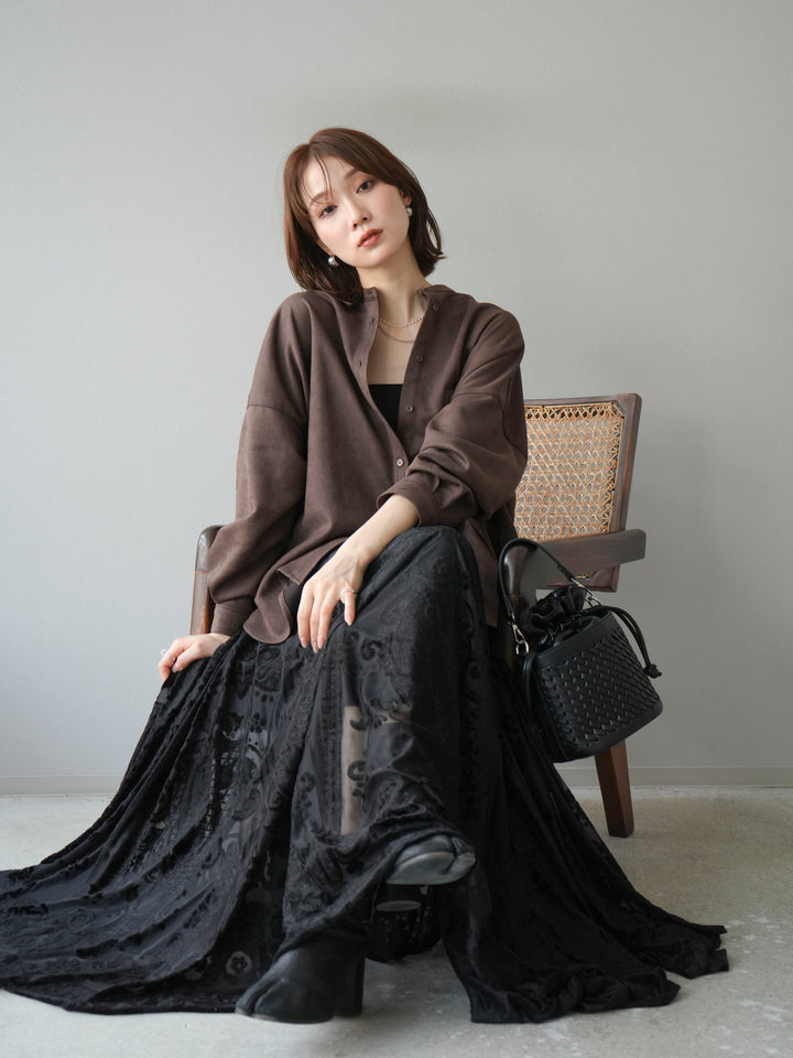 [SET]スエードバンドカラーオーバーシャツ+アンティーク柄フロッキーマキシスカート(2set)