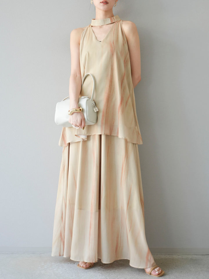 [SET] 細膩花紋V領襯衫＆喇叭裙（2套）