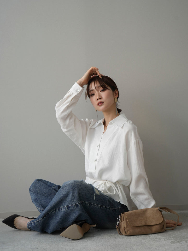 [SET]Vネック変形ラインシャツ+ダメージデニムセミワイドパンツ(2set)