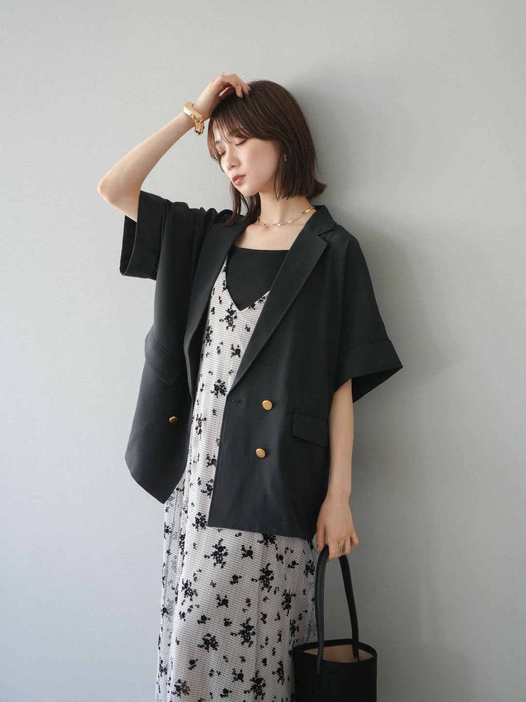 [套裝] 植絨薄紗層疊天鵝絨吊帶連身裙 + 金色紐帶半夾克 (2 套)