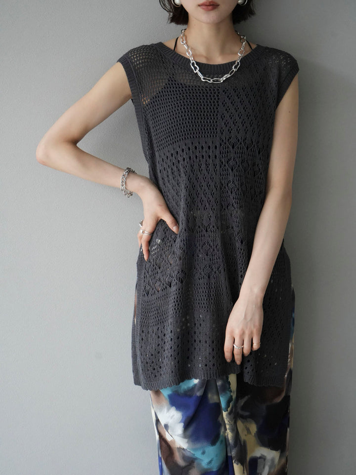 [Pre-order] Openwork side slit knit top/charcoal