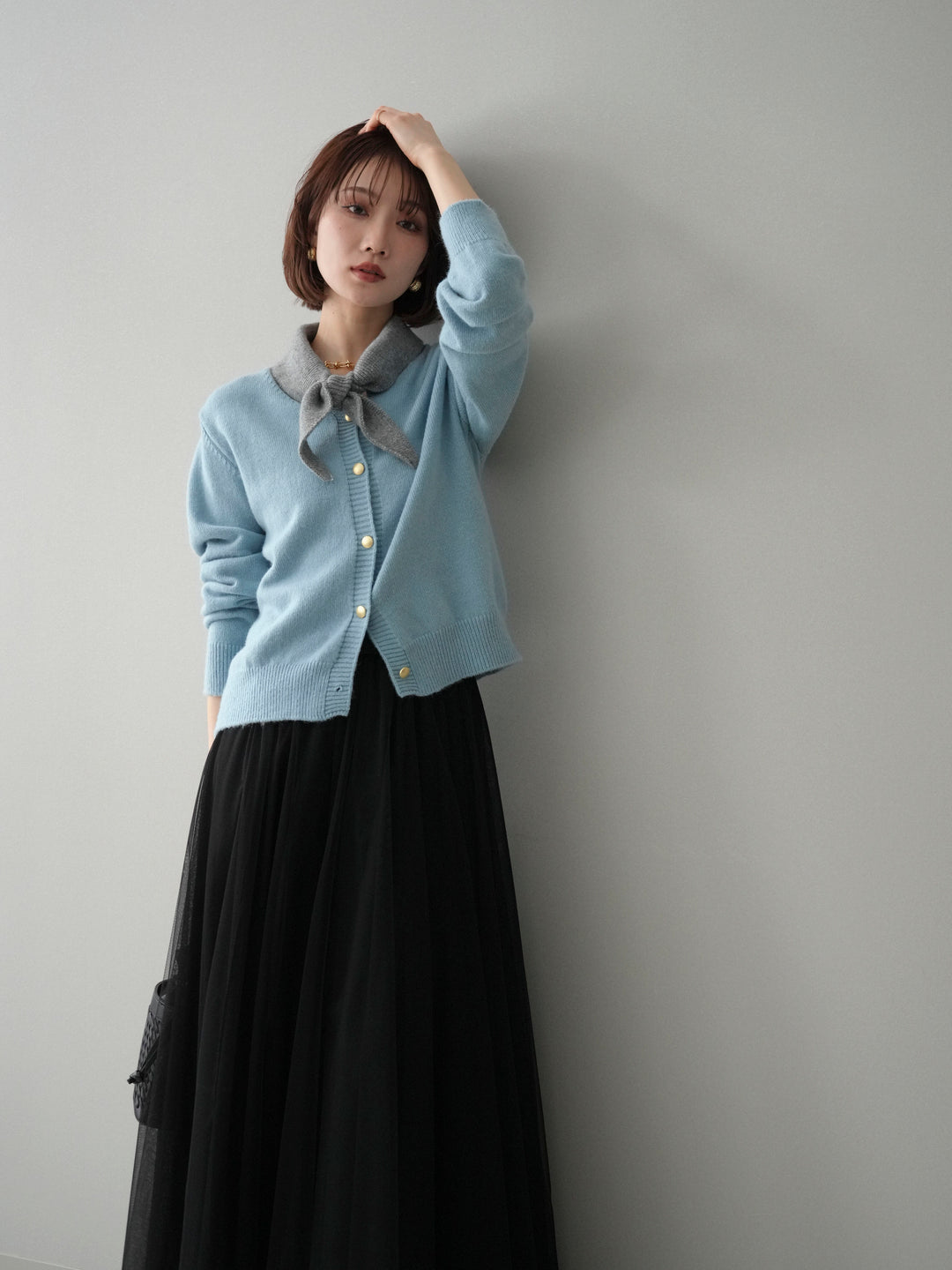 [SET]デザイン襟ニットカーディガン+チュールボリュームスカート(2set)