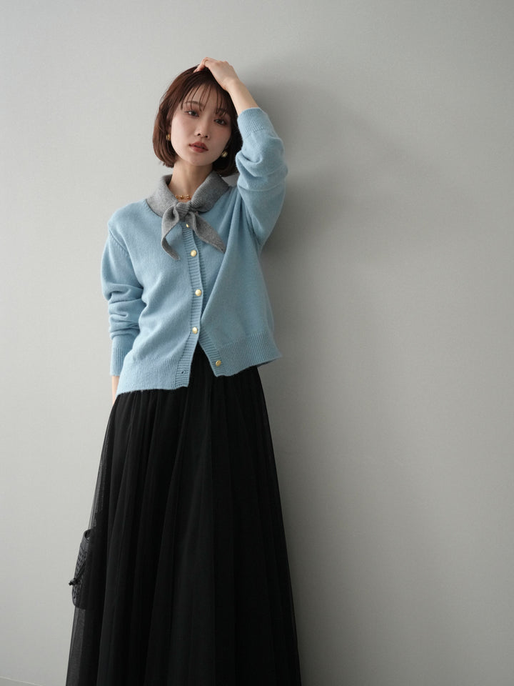 [SET]デザイン襟ニットカーディガン+チュールボリュームスカート(2set)