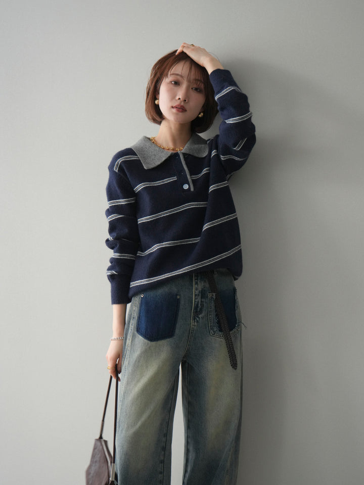 [予約]バイカラーボーダーポロニットプルオーバー/navy