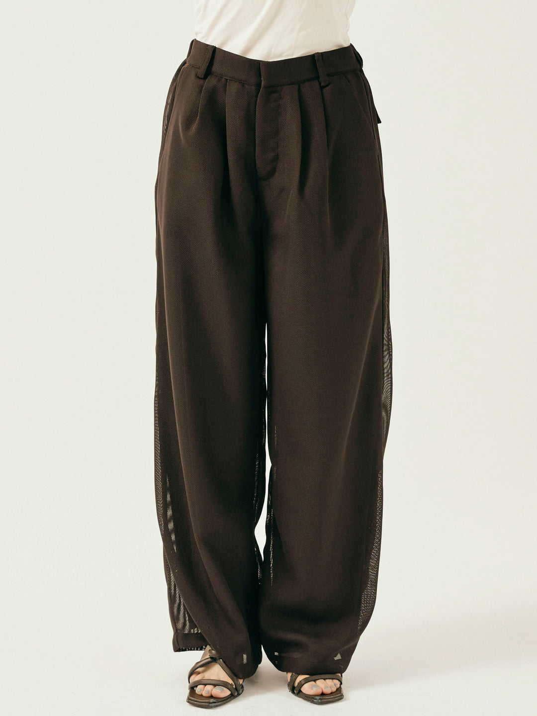 [予約]メッシュタックワイドパンツ/ブラウン