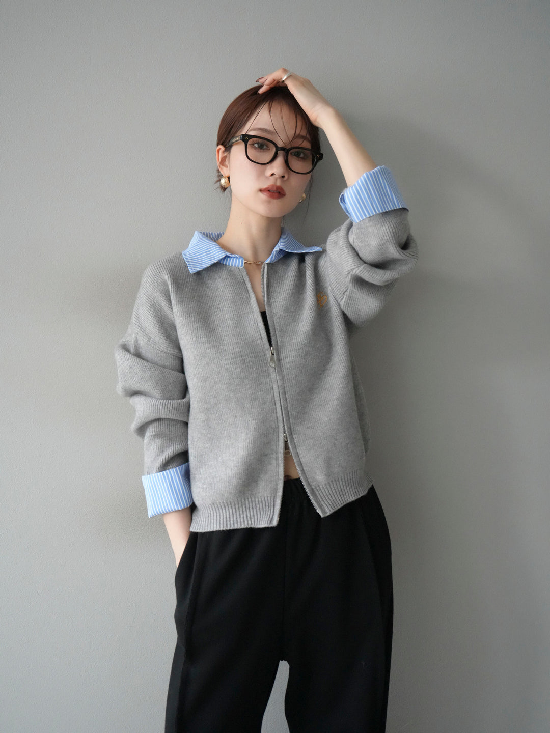 [SET]ストライプシャツレイヤードZIPニットカーディガン+2WAYデザインスウェットパンツ(2set)