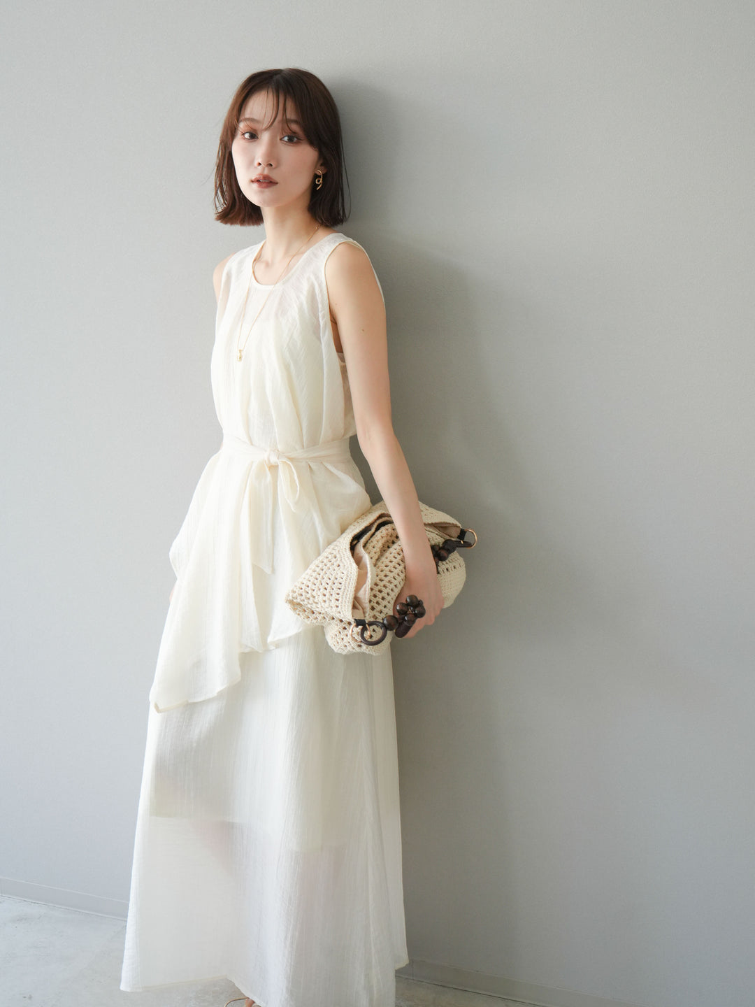 [SET]ワッシャーシアーアシメブラウス＆キャミワンピース+選べるアクセセット(2set)