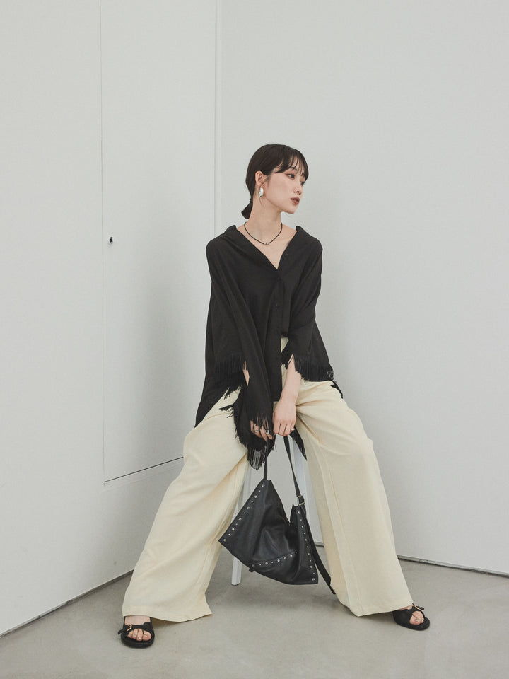 [SET] 方形流蘇斗篷襯衫 + 亞麻觸感褶皺寬褲 (2 件套)