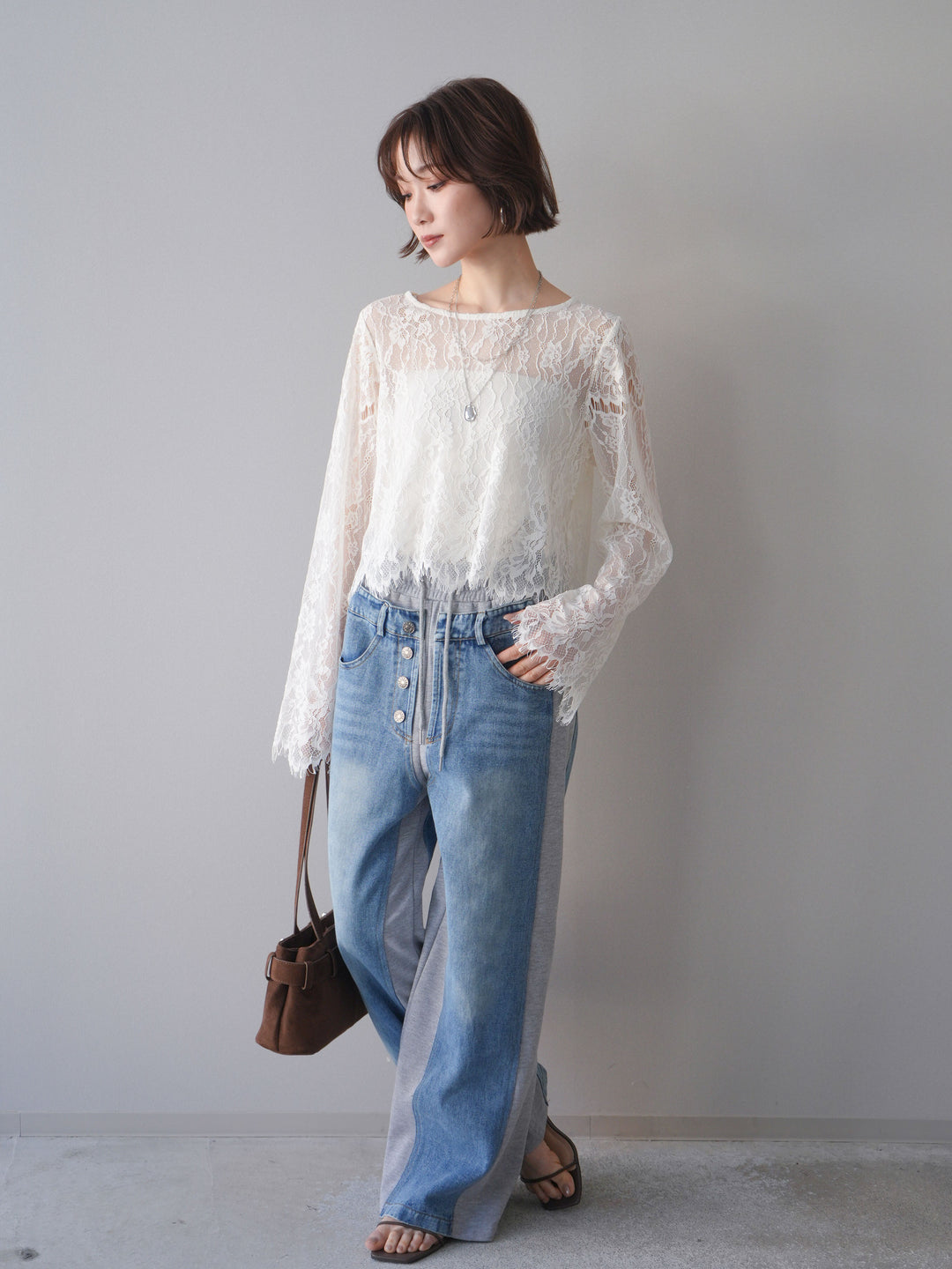 [SET]2WAYスリーブレーストップス+デニム切替スウェットパンツ(2set)