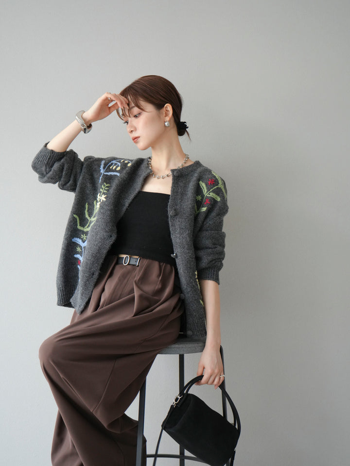 [SET]フラワー刺繍ニットカーディガン+ベルト付タックワイドパンツ(2set)