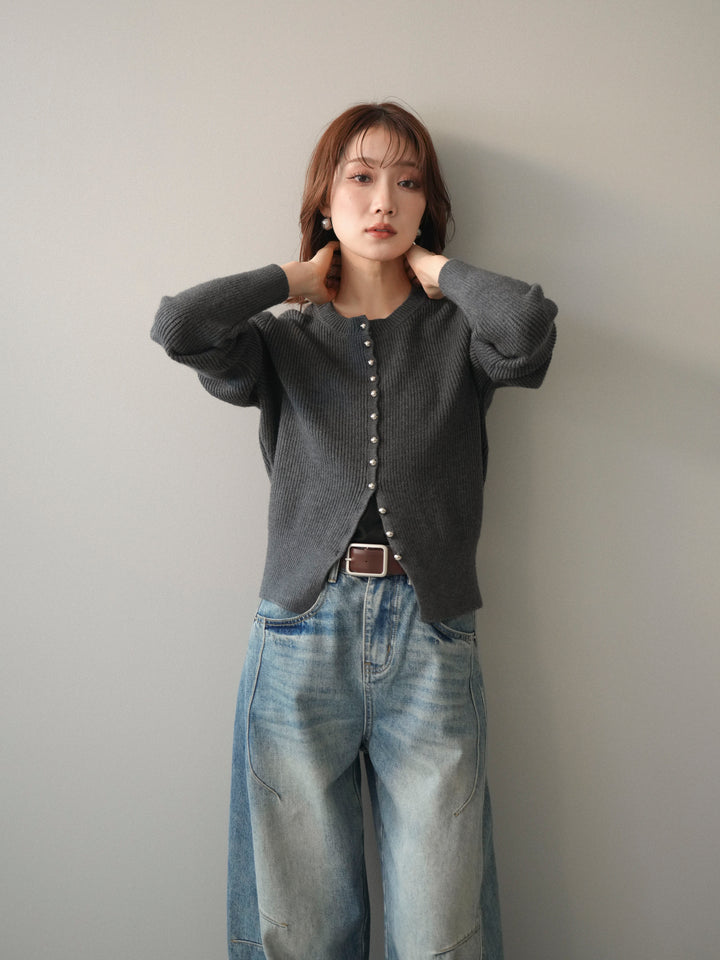 [SET]シルバーボタン畦編みニットカーディガン+ベルト付カーブデニムパンツ(2set)