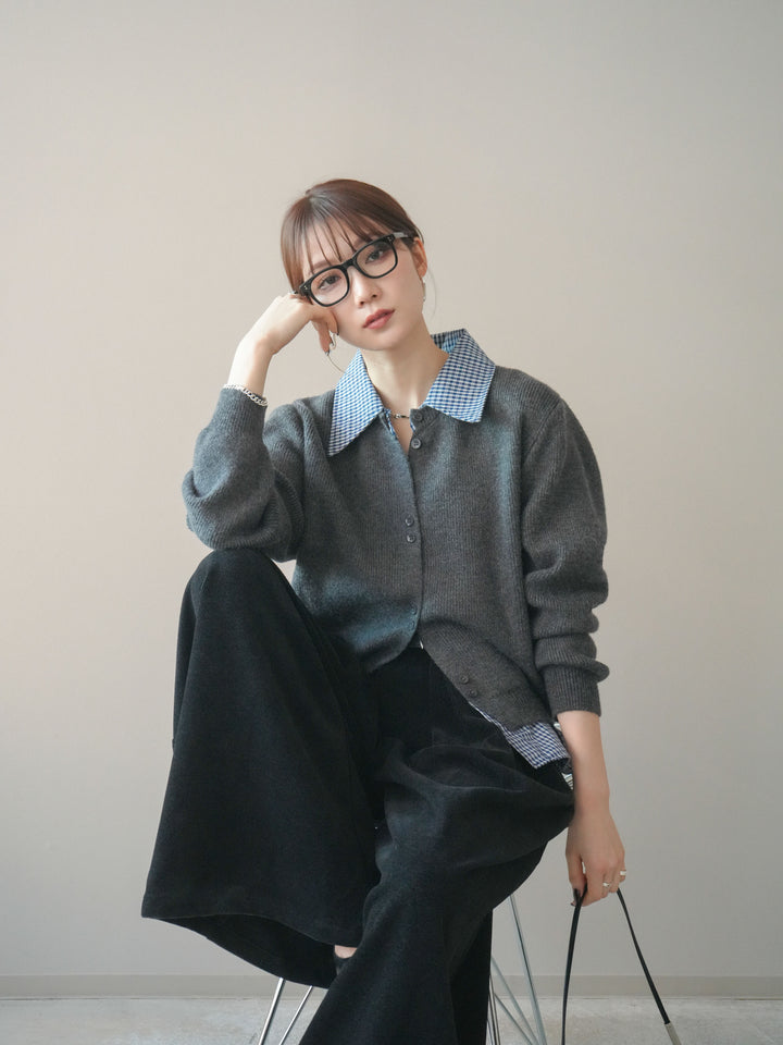 [SET]チェックシャツ襟ニットカーディガン+ベルトデザインループコールテンワイドパンツ(ベルト付き)(2set)