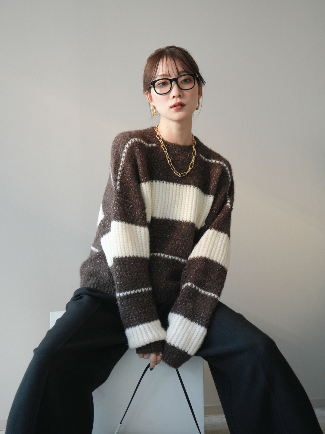 [予約]ネップヤーンボーダーニットプルオーバー/brown