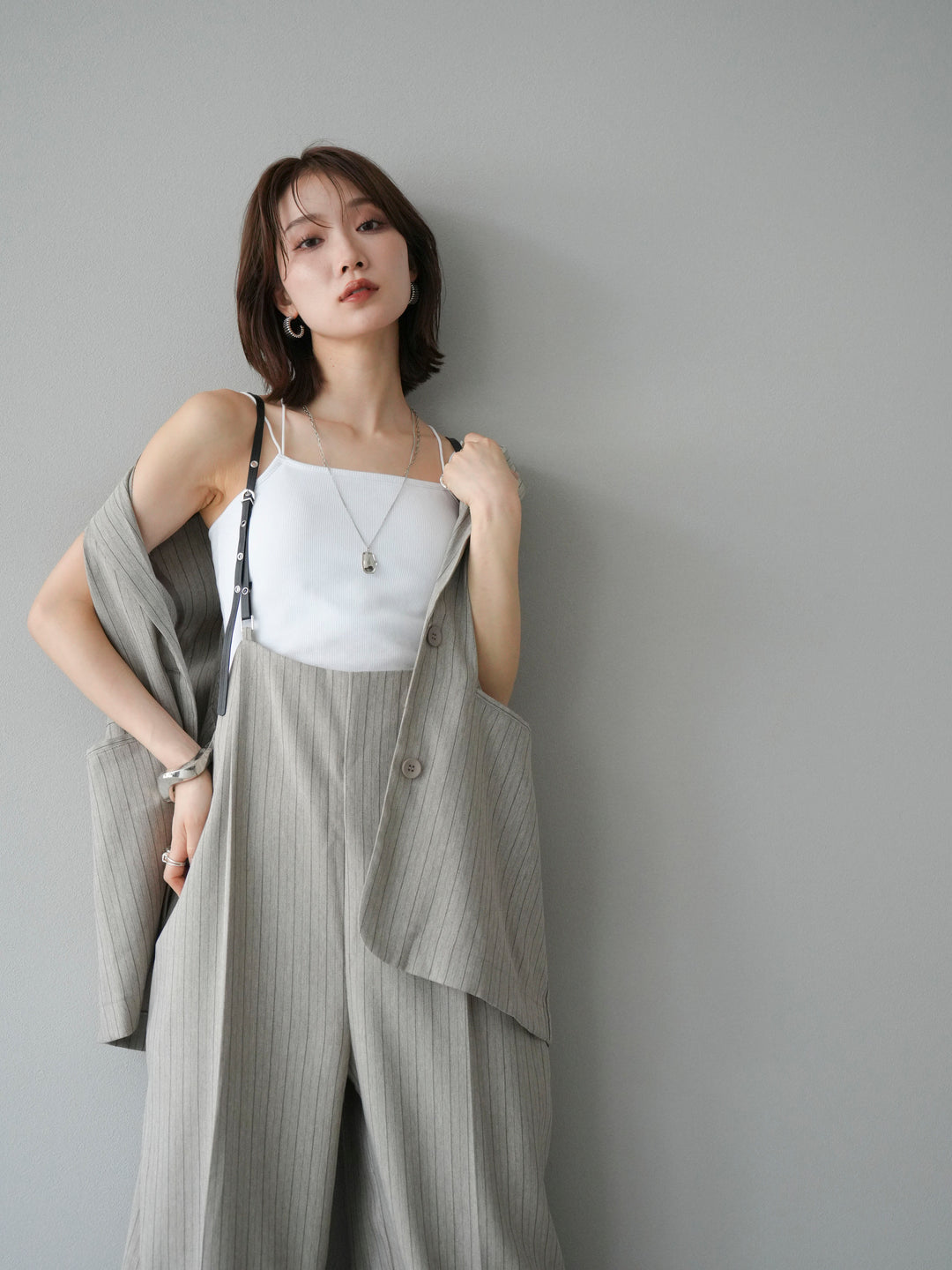 【着回しセット】[SET]ヘリンボーンストライプジレ+シアー切替ベロアトップス+ヘリンボーンストライプサロペット(3set)