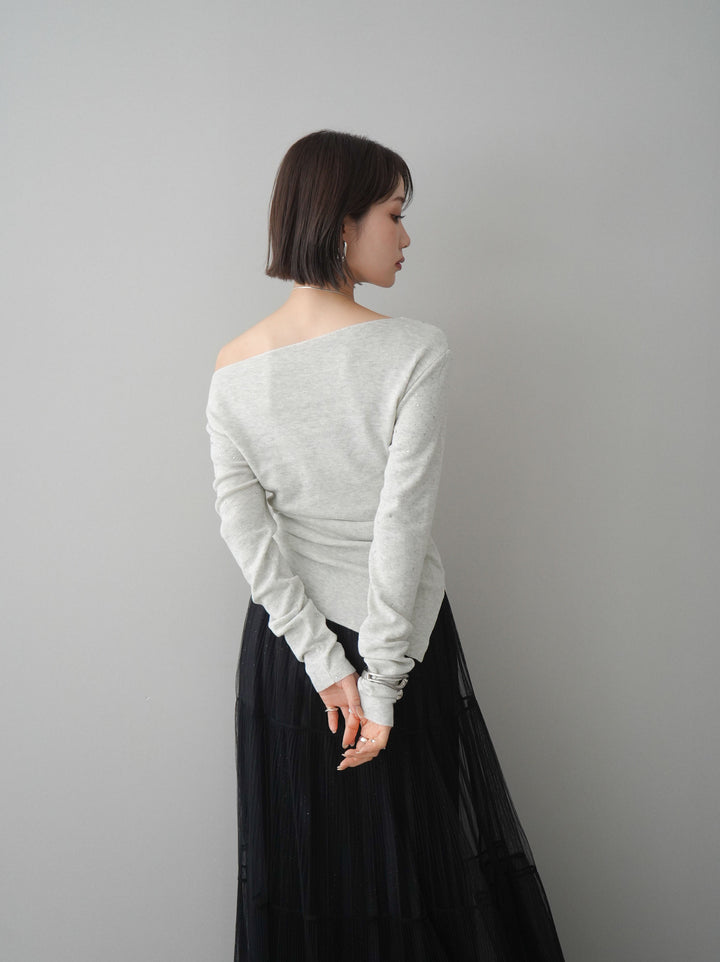 [予約]ラインストーンアシンメトリーニットトップス/gray
