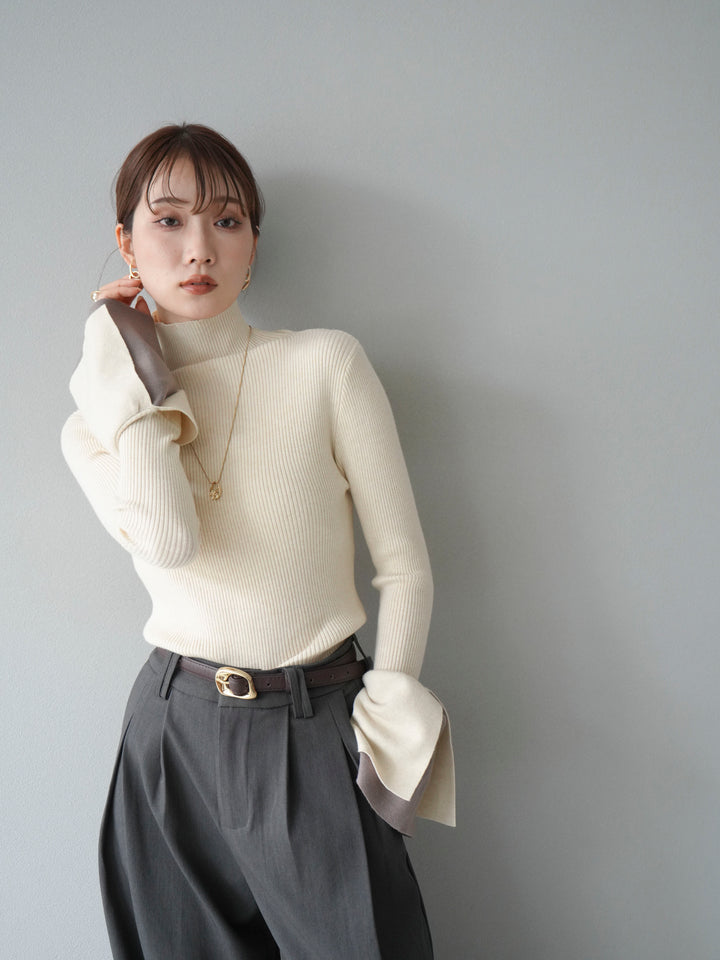 [SET] 疊層喇叭袖高領針織上衣 + 雙褶寬褲 (2 套)