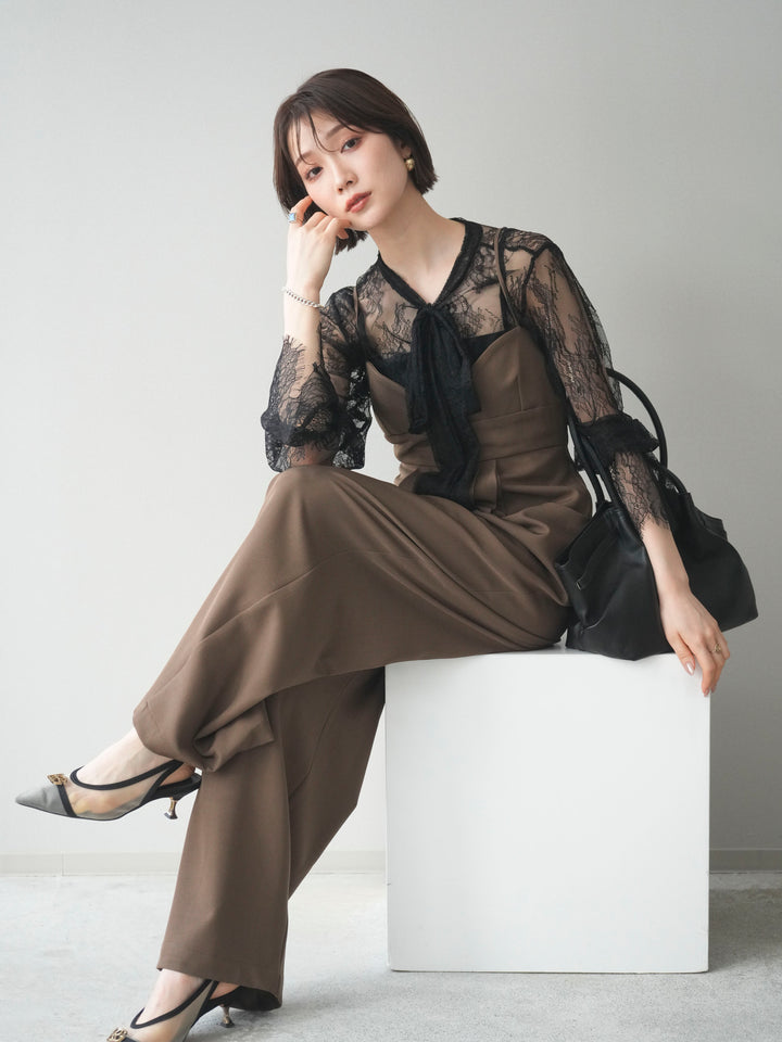 [SET]バックデザインサロペット+リバーレースボウタイトップス(2set)