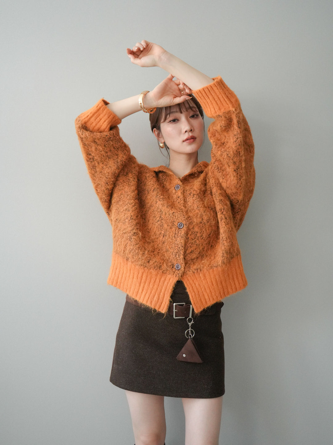 [予約]リブ切替メランジニットカーディガン/orange