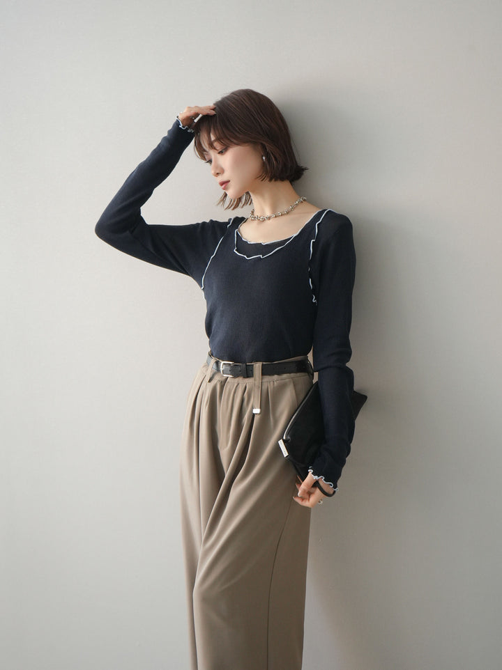 [予約]バイカラーメローアンサンブルシアーニットトップス/navy