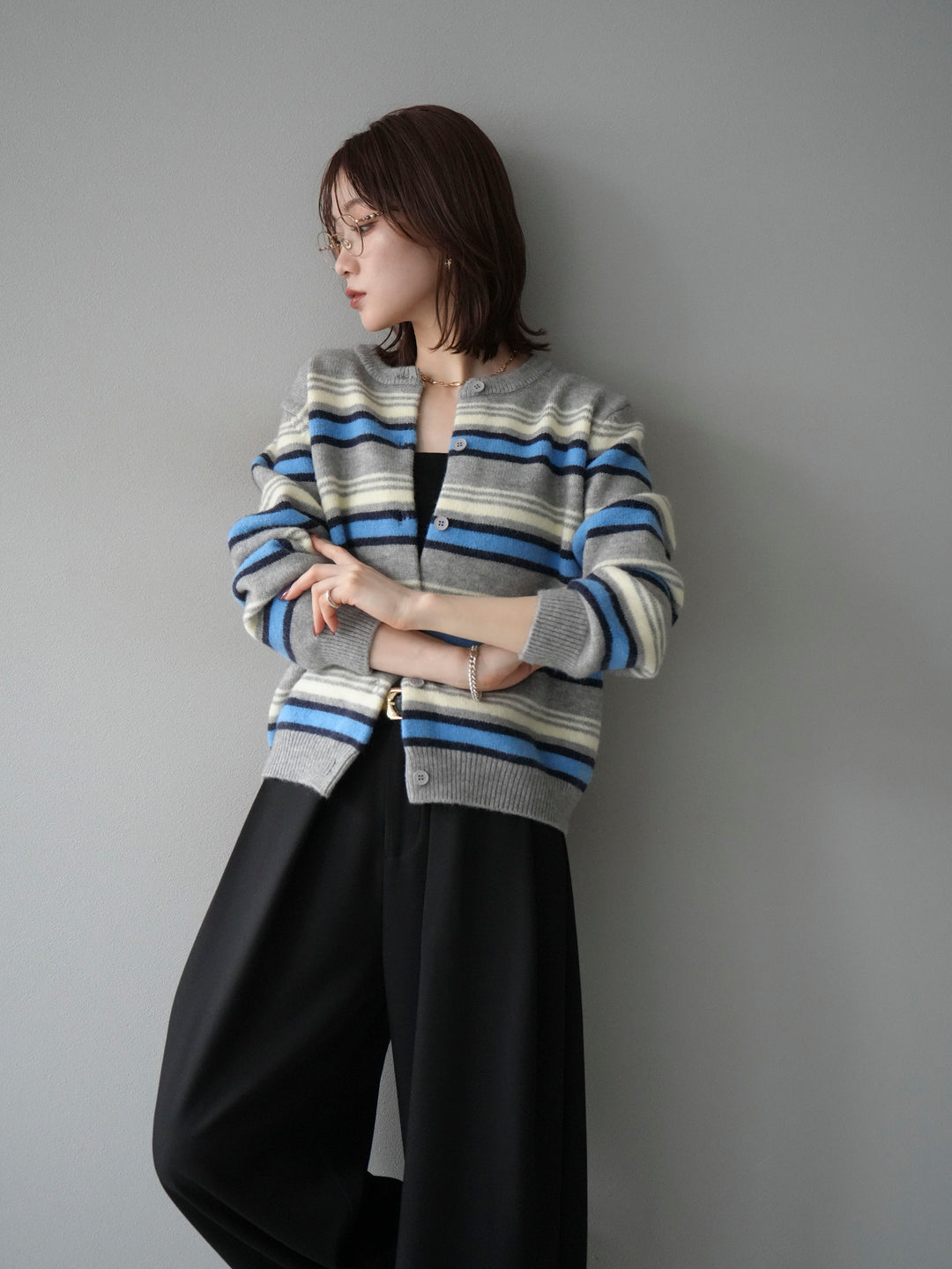 [SET]マルチボーダーニットカーディガン+選べるアクセセット(2set)