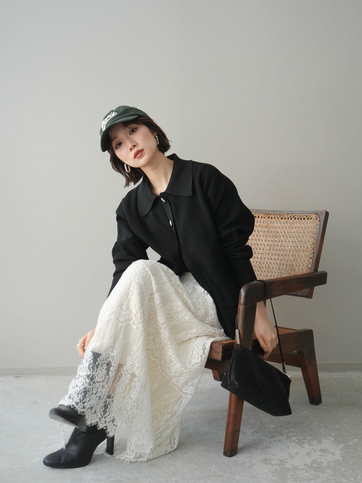 [予約]メタルボタン襟付きポリエステルニットカーディガン/black